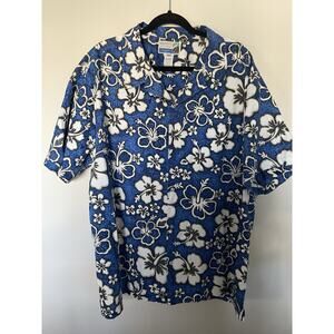Makapuu Sportswear Men's Hawaiian Floral Blue White Cotton Button-Up Shirt 3XL